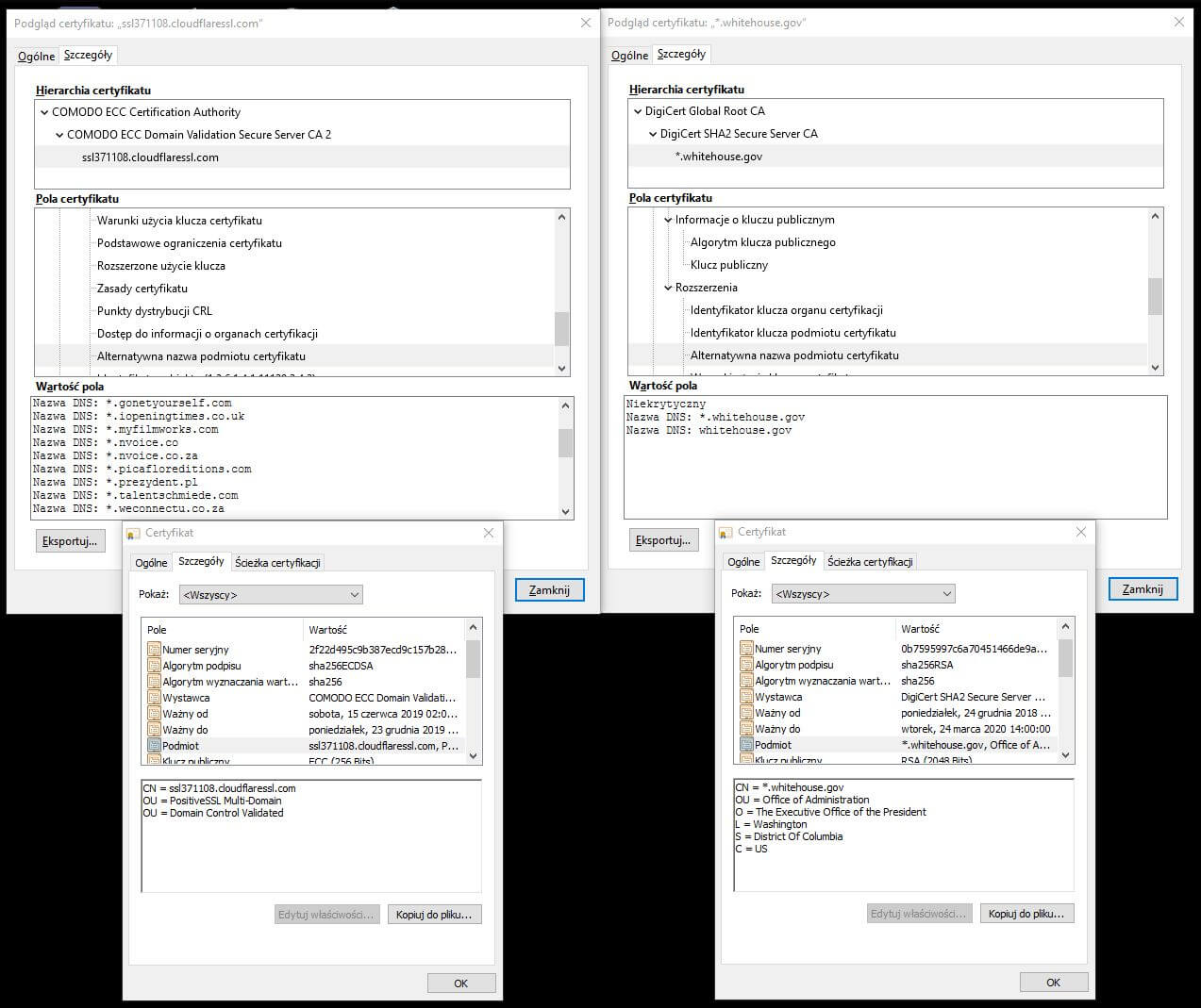 Właściwości certyfikatów ssl stron prezydent.pl i whitehouse.gov