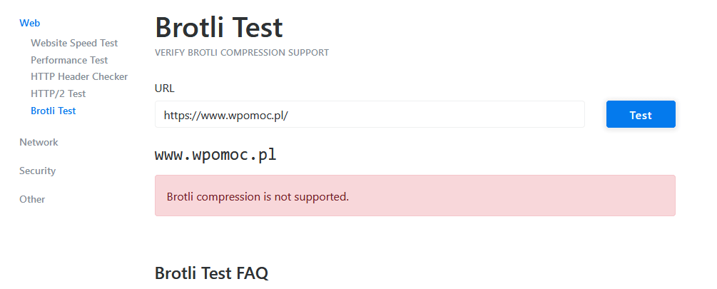 Test czy serwer obsługuje kompresję Brotli?