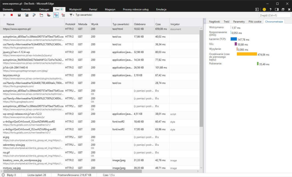 Pomiar TTFB pokazany w dev tools Edge